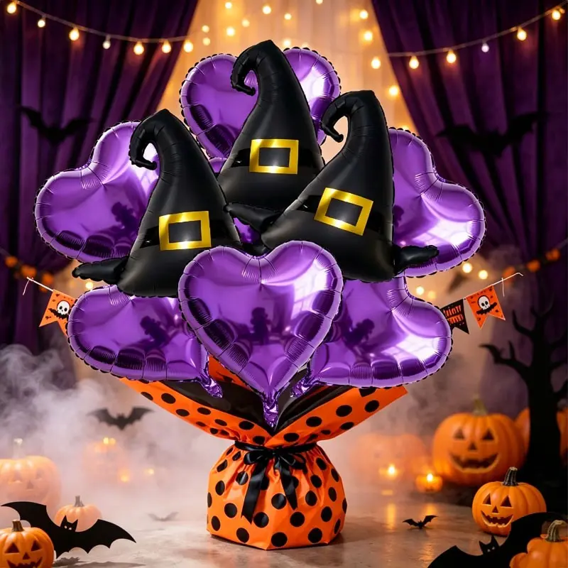 12-Piece Halloween Witch Hat Balloon Bouquet Set, Including Purple Heart-Shaped Balloons、Black Wizard Hat Balloons—Perfect for Halloween Yard Decor, Halloween Gift Giving, Children’s Presents, Witch-Themed Murder Mystery Room Decoration