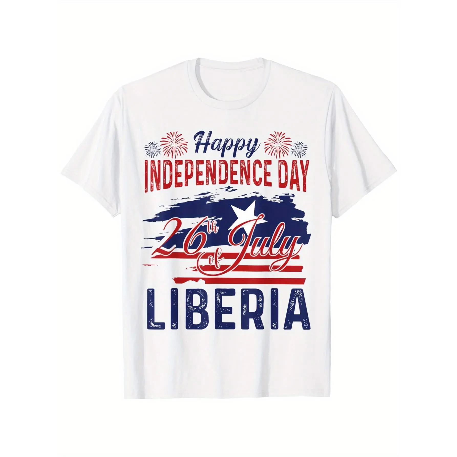 Liberia Independence Day Graphic T-Shirt for Men - 100% Cotton Crew Neck Short Sleeve Tee with Patriotic Flag Print, Comfort Fit Casual Shirt for Summer, Fitness & Outdoor Activities