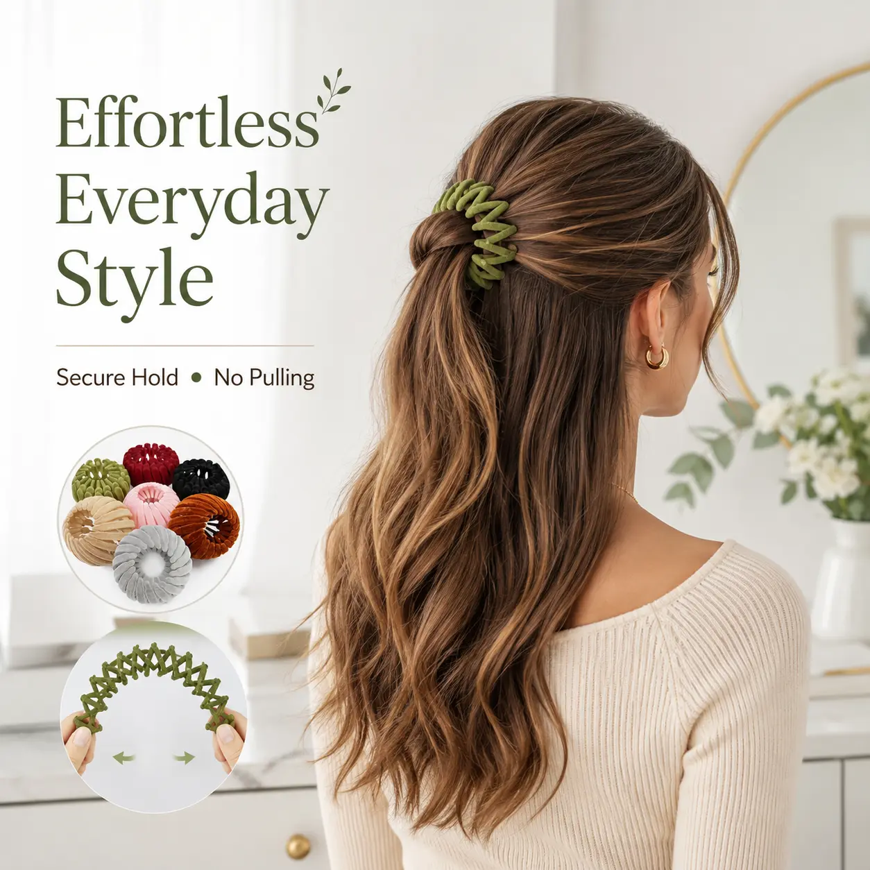 Women's Velvet Spiral Scrunchie Hair Tie - Flexible, Foldable, Expandable, Elegant, Lightweight, No Pulling, Colorful (Olive Green, Burgundy, Black, Beige, Pink, Rust Orange, Gray) - Everyday Female Accessory for Summer Gift, Daily Wear, 2.36 Inches, Boho