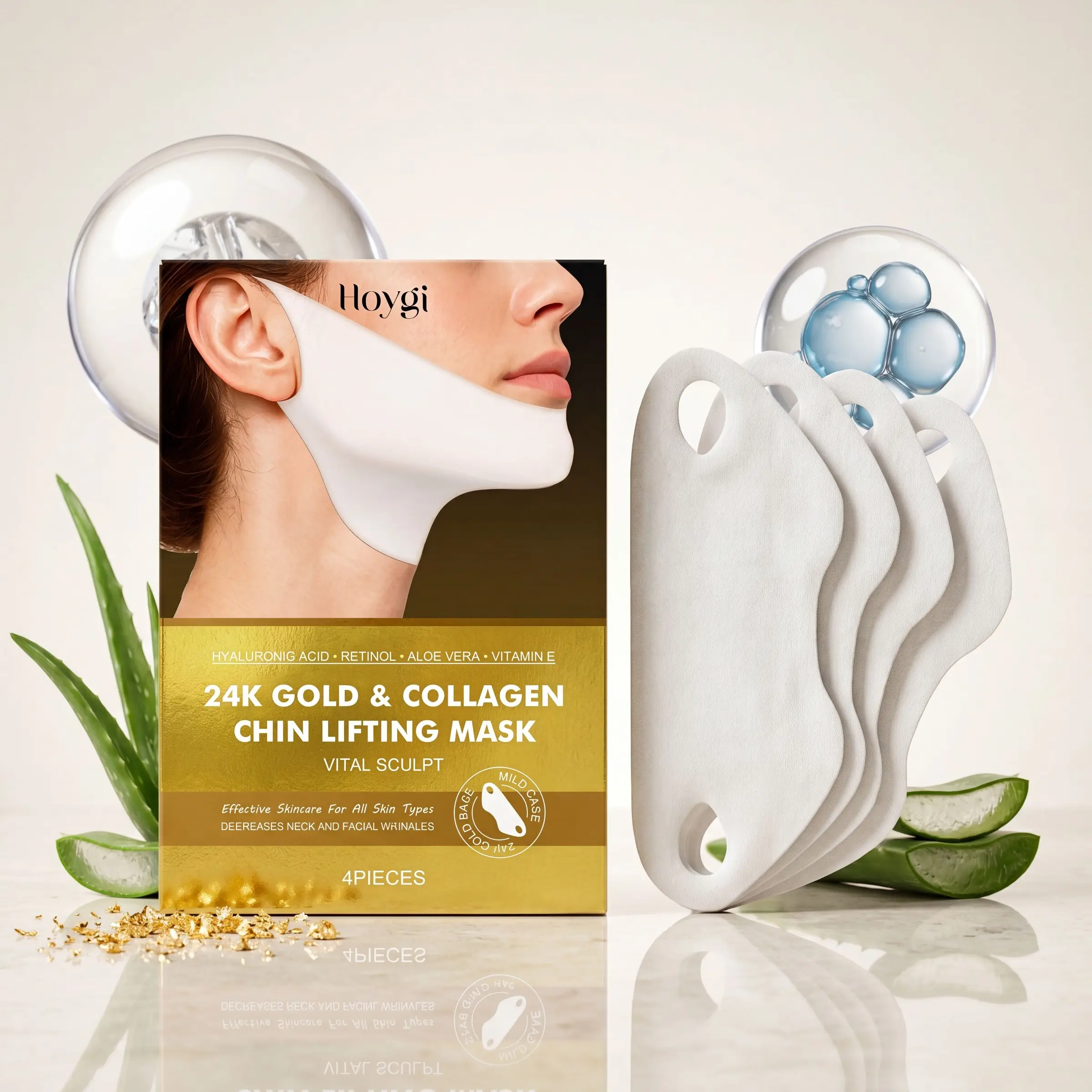 Gold & Collagen Chin Firming Mask (4pcs), Multiple Effective Ingredients, Gentle Hydration, Soft Skin, Natural Radiance, Brightening Care Mask