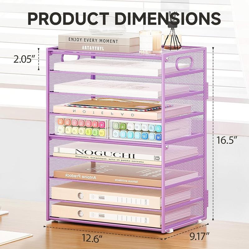 9 Tier Paper Letter Tray Desk Organizer with Handles - Purple Metal Mesh File Holder Paper Sorter Desk Organizer for Office  School, Include 6 count Adjustable Slid Tray, 6 Colors