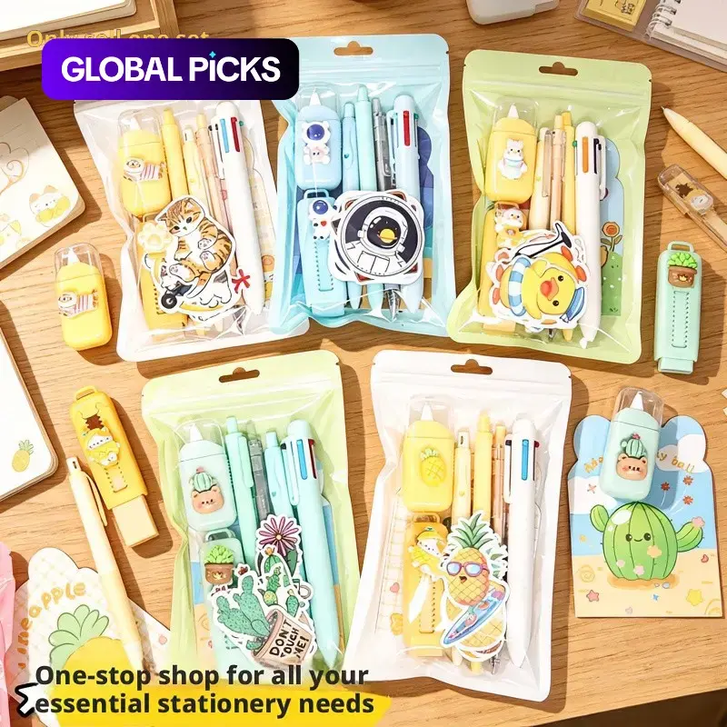 Creative Theme Stationery Set, 8pcs, Student Essentials, Student Learning Supplies, Aesthetic School Supplies, School Study Supplies, Includes Pencil, 6-color Pen, Eraser, Stickers, Notebook, holiday gifts