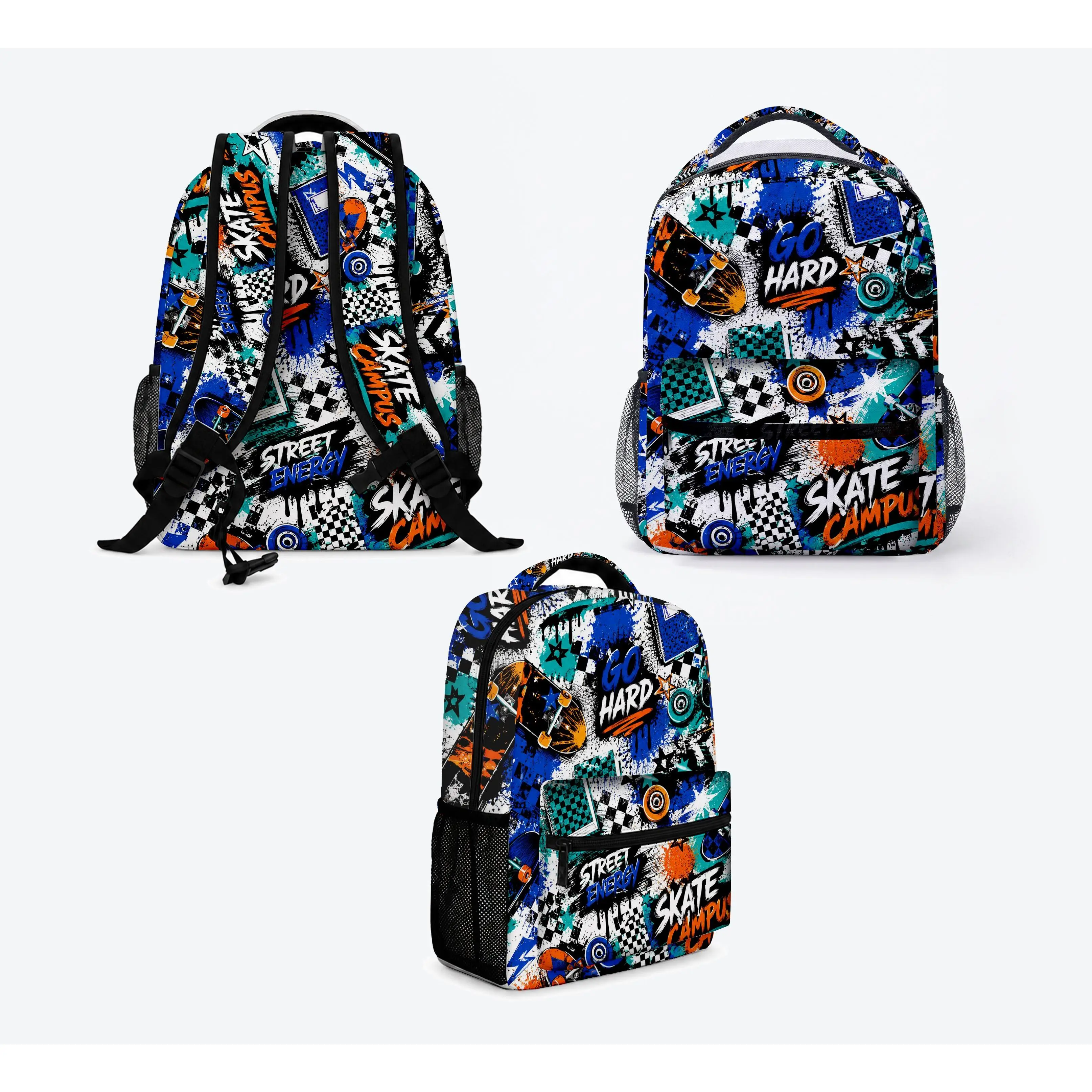 Kids Skateboard Graphic School Backpack, Graffiti Street Style Bookbag for Boys & Teens, Colorful Skater Campus Print, Front Zipper Pocket, Dual Mesh Side Pockets, Top Carry Handle, Back to School Student Daypack,bookbag,school backpack, multiple style