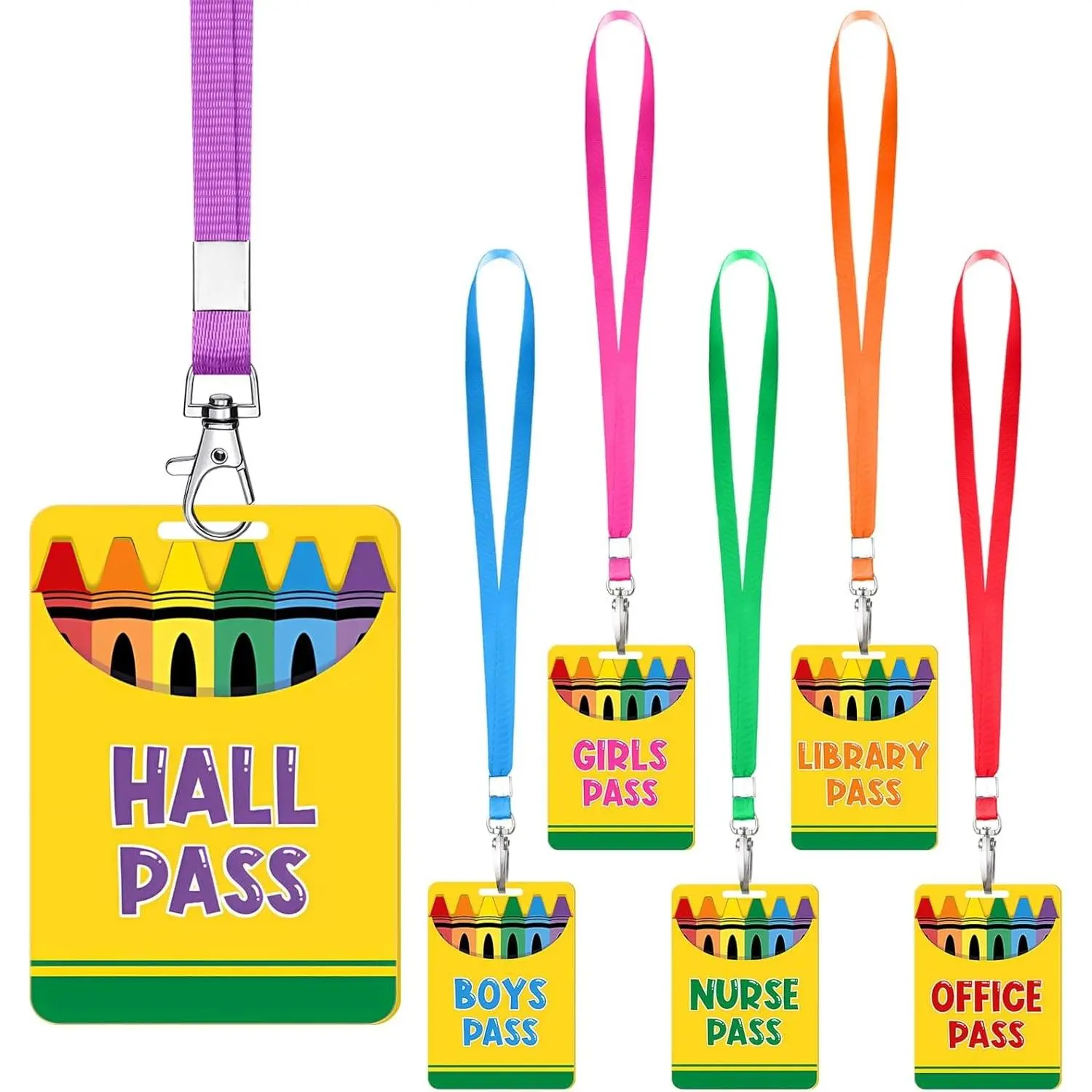 Sabary 6-Set Classroom Hall Pass Set with Lanyards, Wooden Tags for Elementary-Middle School Teachers (Classic, Crayons Designs for Restroom, Library Use)