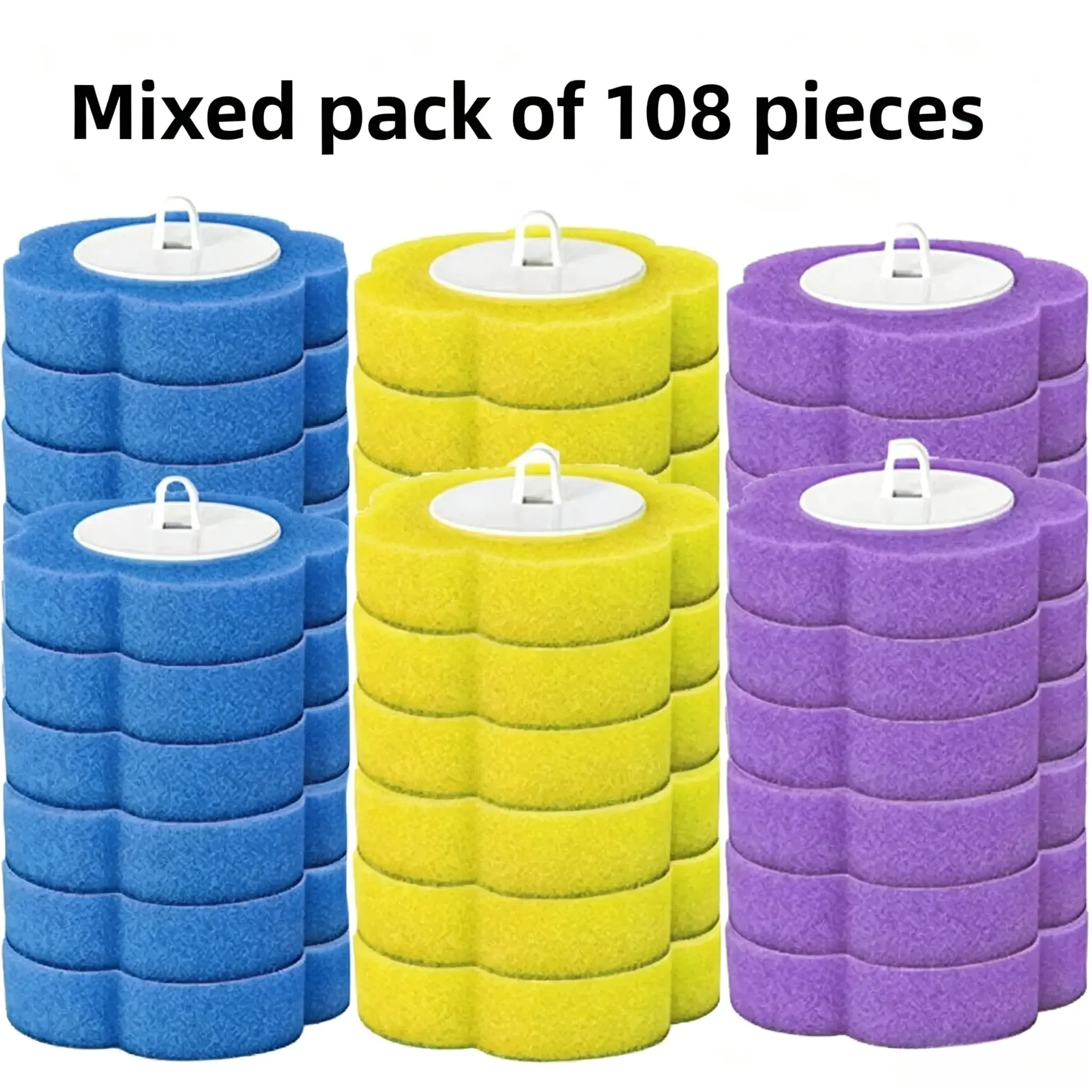 108PCS Uniform Size Disposable Sponges Refill Pack - 3-Layer Vibrant Blue, Purple, Yellow Mixed, Handles Not Included, Household Bathroom Cleaning Tools for Bathtub, Shampoo Storage (Boxed Toilet Scrubber, Toothbrush Holder)
