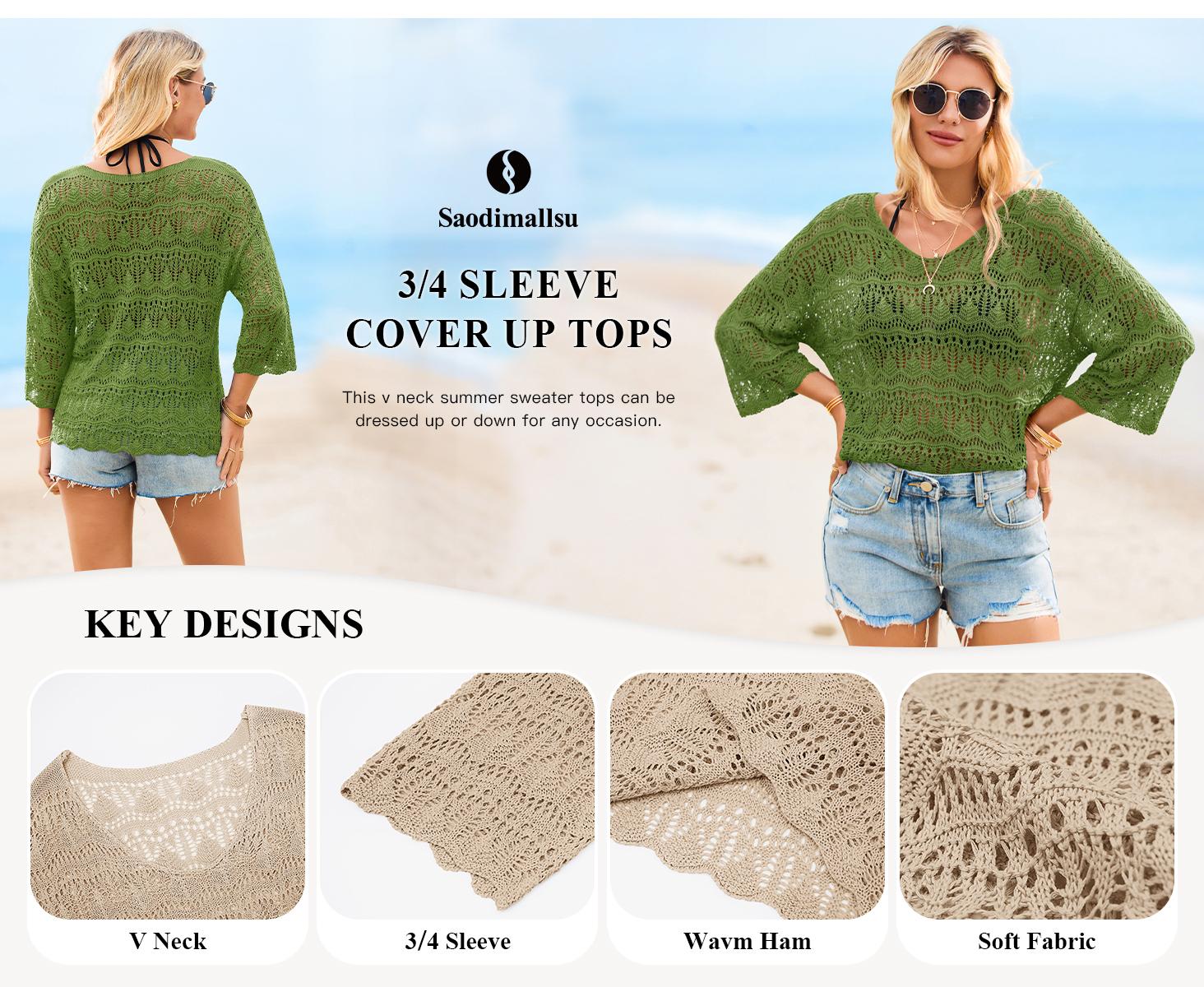 Saodimallsu Womens Crochet Cover Up Tops 3/4 Sleeve V Neck Summer Boho Knit Beach Coverups 2026 Resort Wear