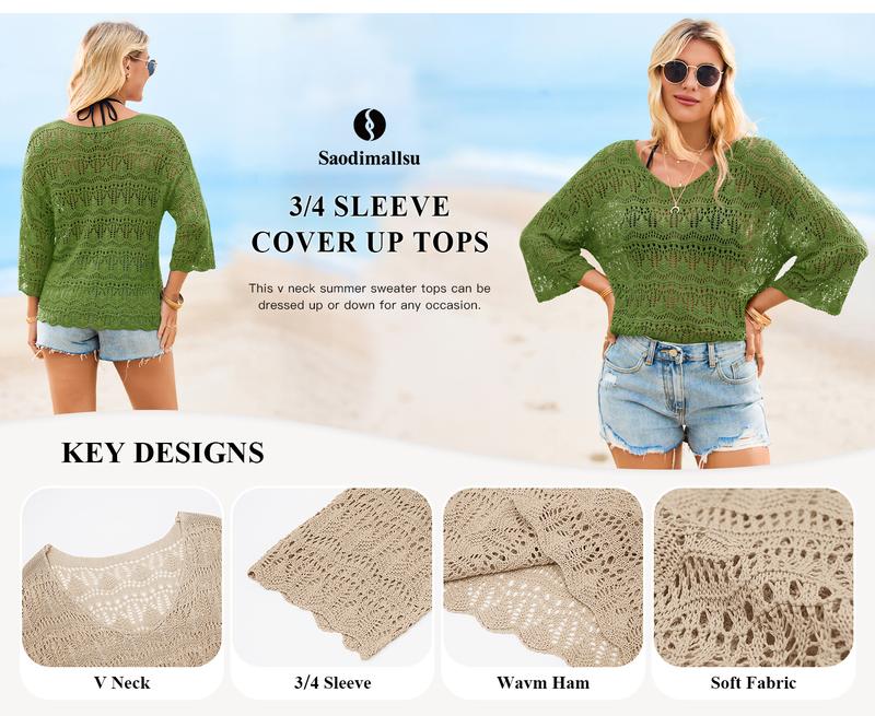 Saodimallsu Womens Crochet Cover Up Tops 3/4 Sleeve V Neck Summer Boho Knit Beach Coverups 2026 Resort Wear