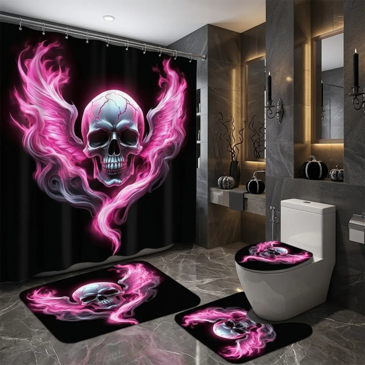 4pcs Gothic Skull Shower Curtain Set with Pink Magenta Flame Swirl Bath Mats, Printed Skull Bathroom Decor, Black Gothic Alternative Style, Bath Curtain + Bath Mat, TikTok Shop Trending, Halloween & Day of the Dead, Bathroom Decor And Accessories
