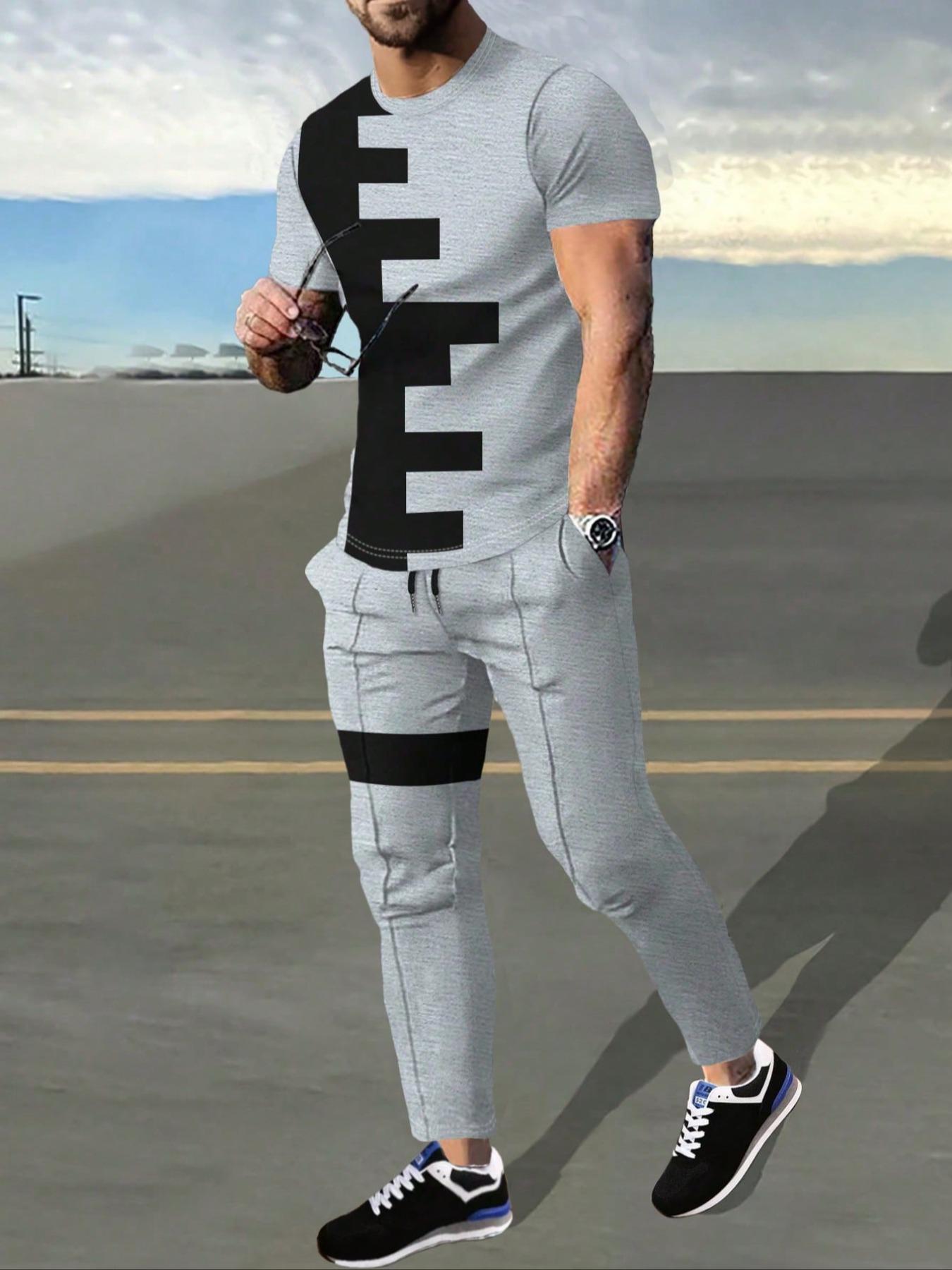 Two Counts Men's Patchwork Colorblock Print Pocket Pants Set, Casual Short Sleeve Fitted Crewneck Round Neck Jersey Tee & Drawstring Waist Pants Casual Trousers, Men's 2 Piece Set, T Shirt Set, Fashion Men's Outfits For Summer, Clothing, Menswear