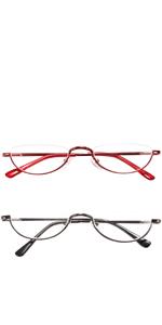 2 Pack Retro Designer Half Moon Reading Glasses Women Men Spring Hinge Half Frame Readers Stylish Slim Eyeglasses with Pouch,Red and Gun Grey 2.0