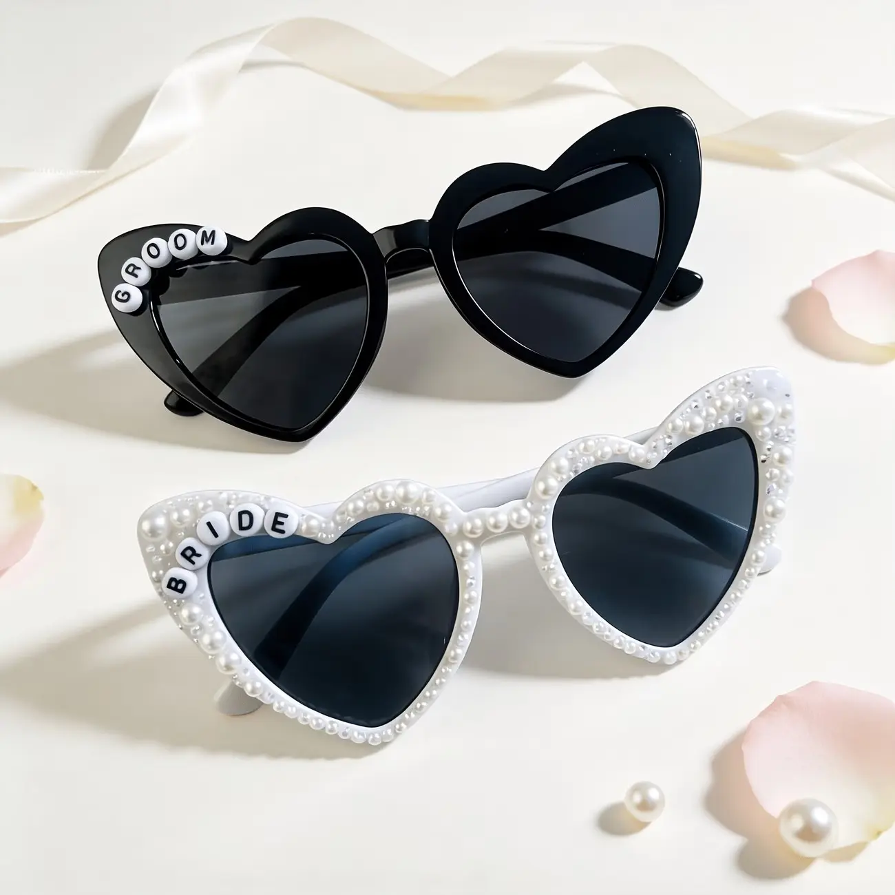 2 Piece Wedding Couple Glasses Set, Pearl Trimmed Bride & Classic Frame Groom Heart Glasses, Fun Wedding Props, Honeymoon Travel Accessories