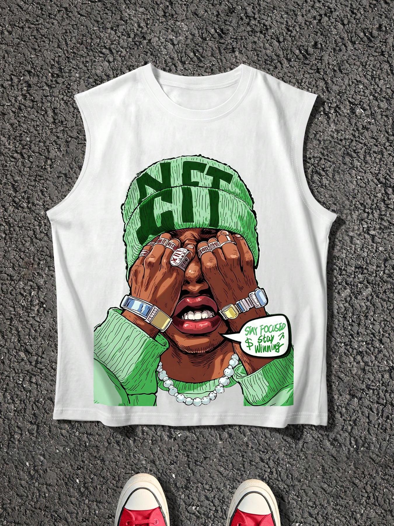 Men's Cartoon Face Print Tank Top, Loose Casual Sleeveless Round Neck Vest for Summer, Men's Top for Daily Wear, Socks