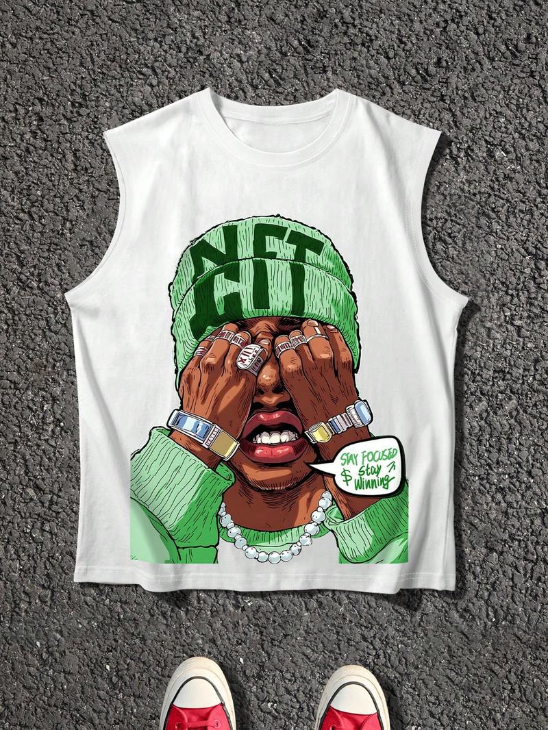 Men's Cartoon Face Print Tank Top, Loose Casual Sleeveless Round Neck Vest for Summer, Men's Top for Daily Wear, Socks
