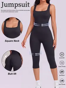 Women's Yoga Capri Jumpsuit Square Neck Backless Tummy Control Butt Lifting, Workout Shorts Romper Seamless Ribbed Sleeveless Unitard for Gym Sports