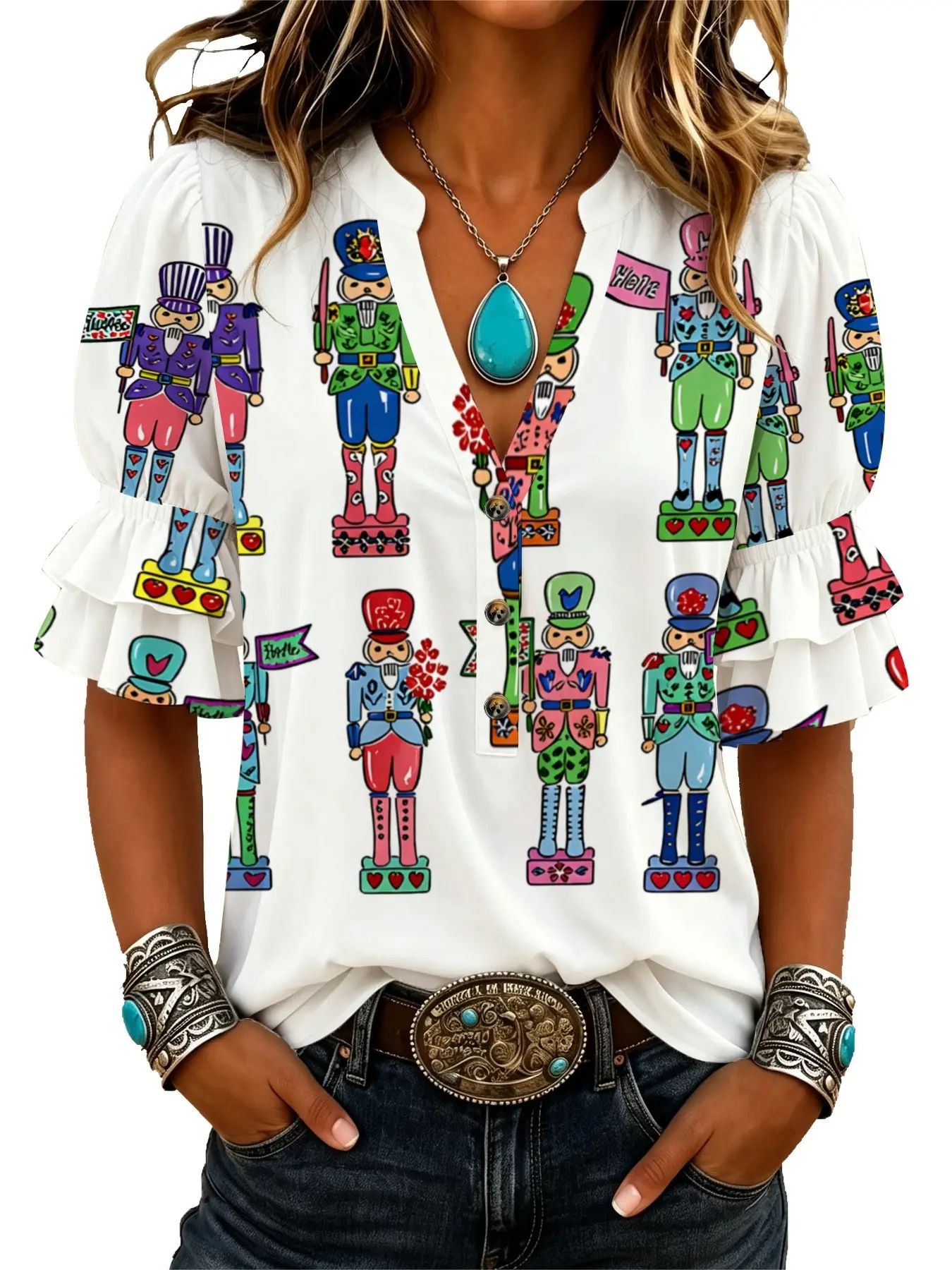 2026 New Women's White Nutcracker Soldier Print V Neck Ruffle Sleeve Short Sleeve Shirt, Christmas Loose Fit Top, Casual Daily Wear