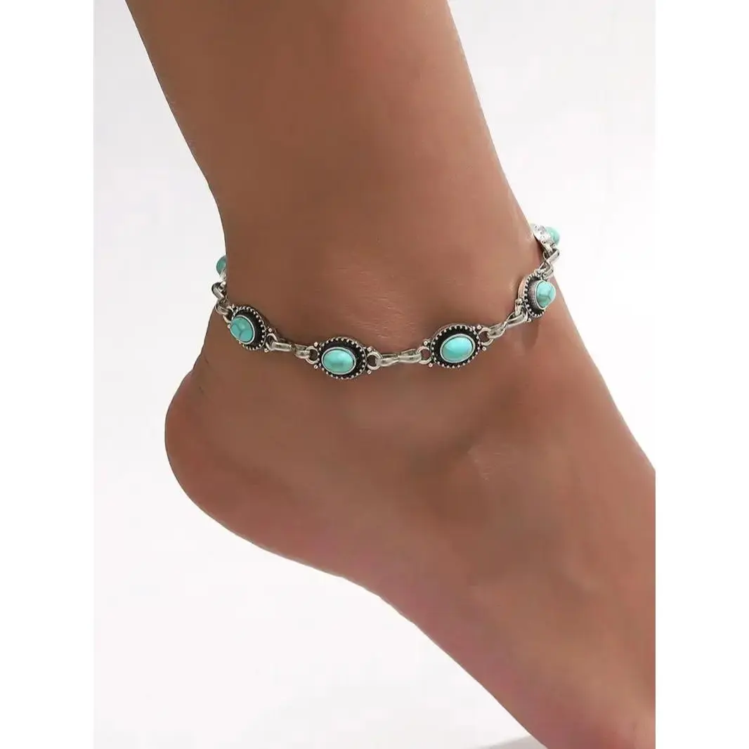 Retro Aesthetic Anklets for Women, Bohemian Turquoise Beaded Chain, Lightweight Alloy Metal Jewelry, Birthday Gift for Daily Wear
