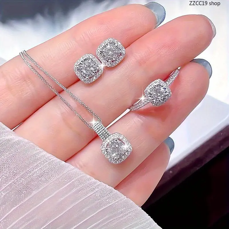 Cushion-Cut Halo Jewelry Set for Women | 3-Piece Cubic Zirconia Necklace, Earrings & Ring Bundle for Bridal & Prom, Affordable Fashion, Female, Bling Jewelry Sets, Halo Cut, High Fire, Prom Wear, Set Bundle
