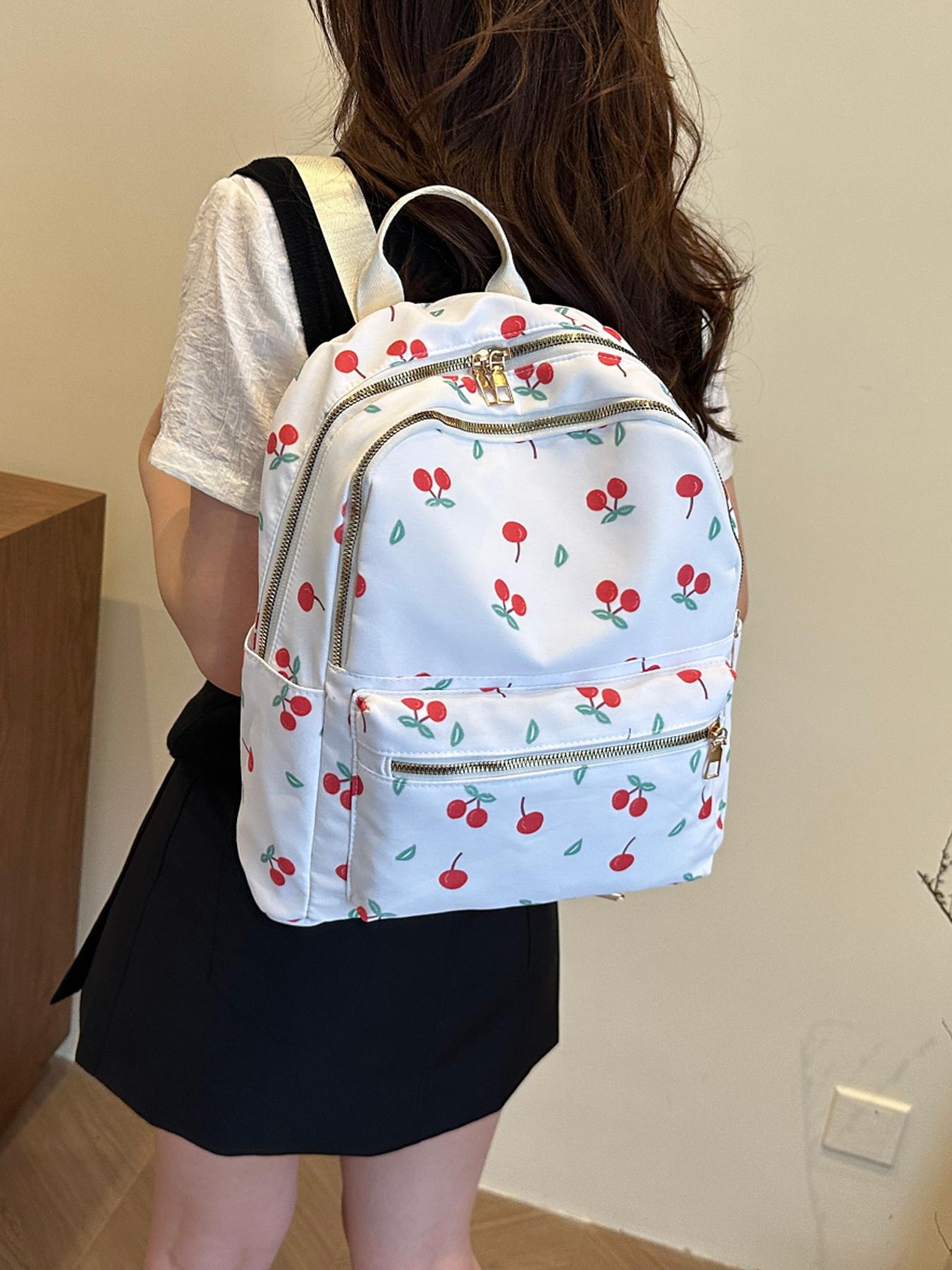 Cute and soft cherry pattern design backpack, sweet girl casual backpack, lightweight and practical portable travel bag, large capacity campus school bag, heavy load, simple and stylish travel companion