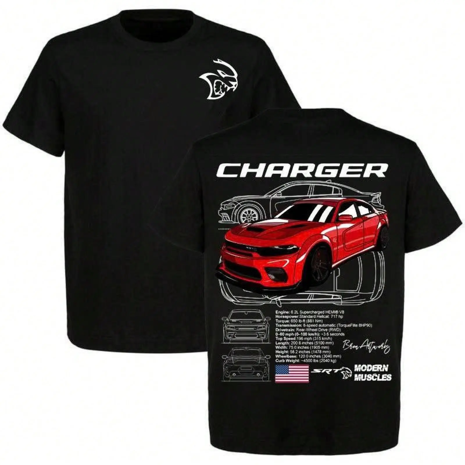 Dodge Charger SRT Hellcat Blueprint T-Shirt, Double Sided Modern Muscle Racing Car Graphic Black Casual Tee, Unisex For Men Women