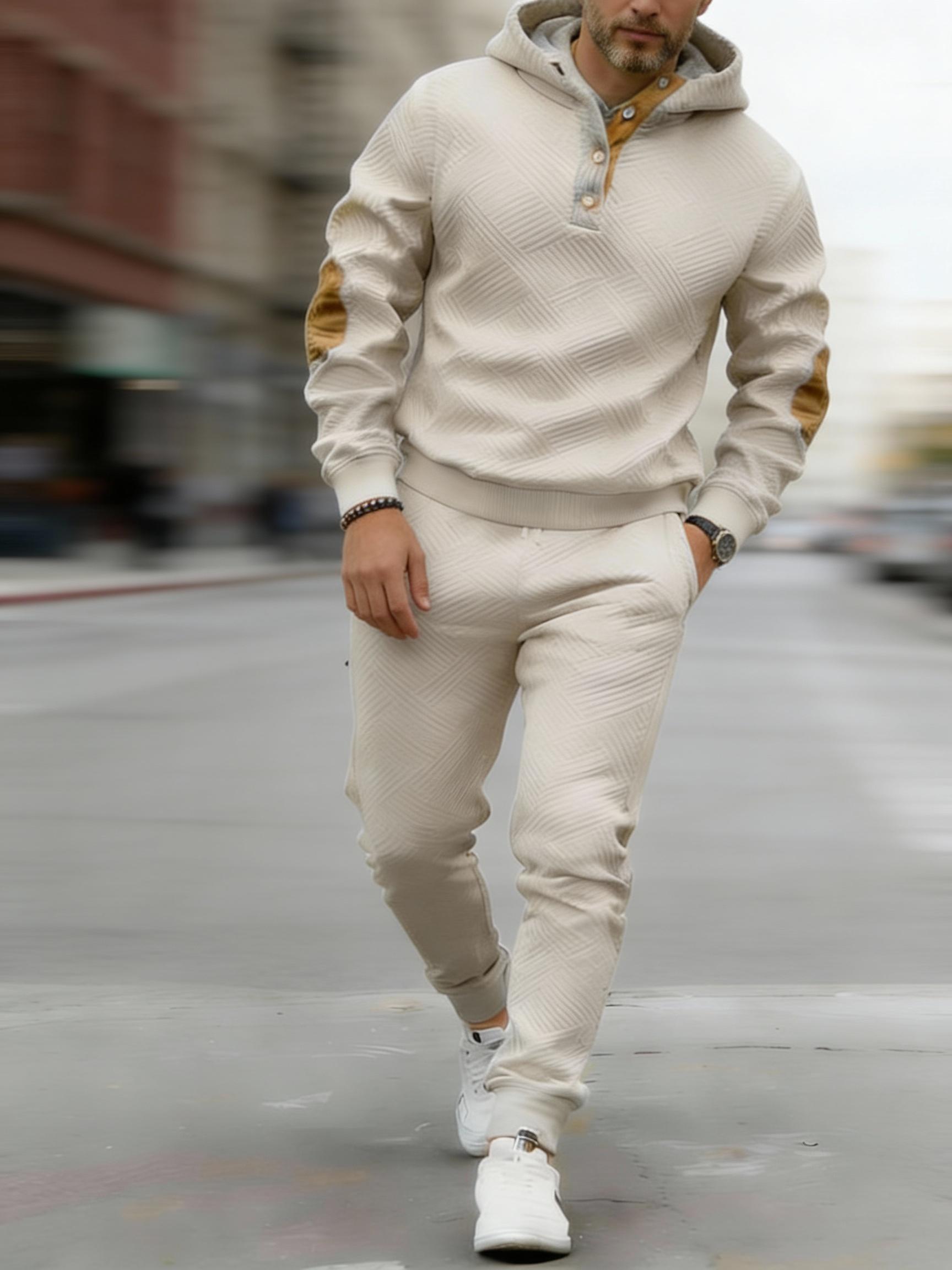 Vintage Style Men's 2-Piece Loungewear Set - Textured Fabric Hoodie with Button Placket & Contrast Details Casual Beige