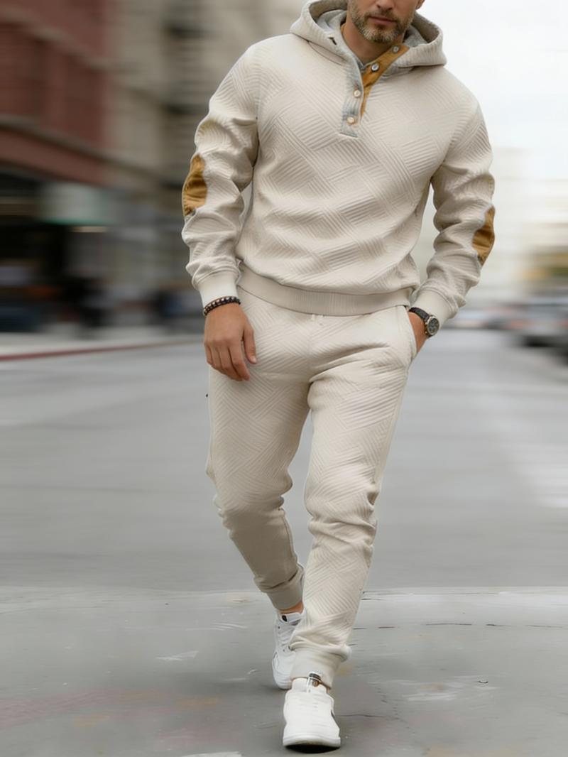 Vintage Style Men's 2-Piece Loungewear Set - Textured Fabric Hoodie with Button Placket & Contrast Details Casual Beige