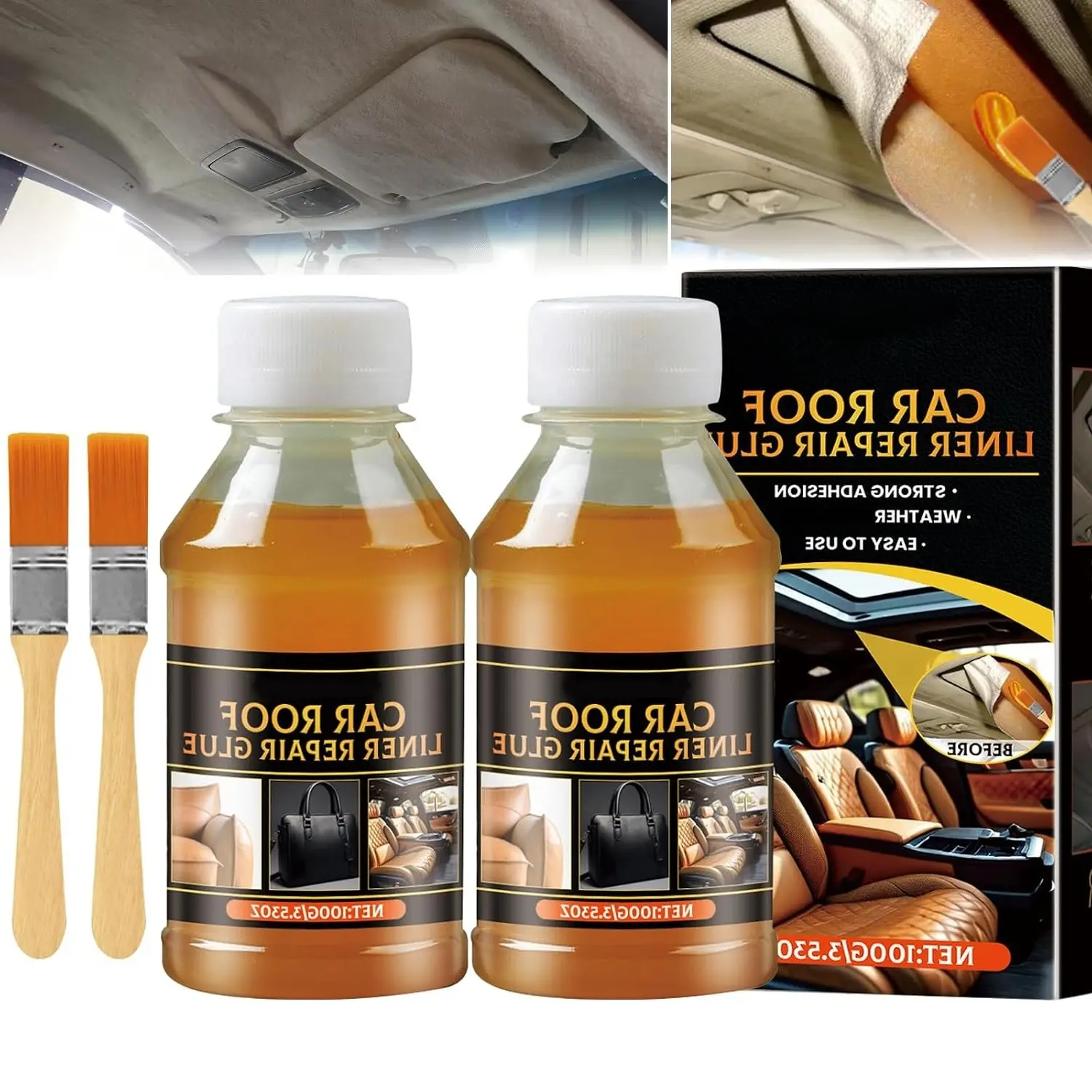 Headliner Repair Glue 100ml, Car Roof Liner & Upholstery Adhesive, Quick Repair Fabric Glue for Cars (2 Pack)Gift