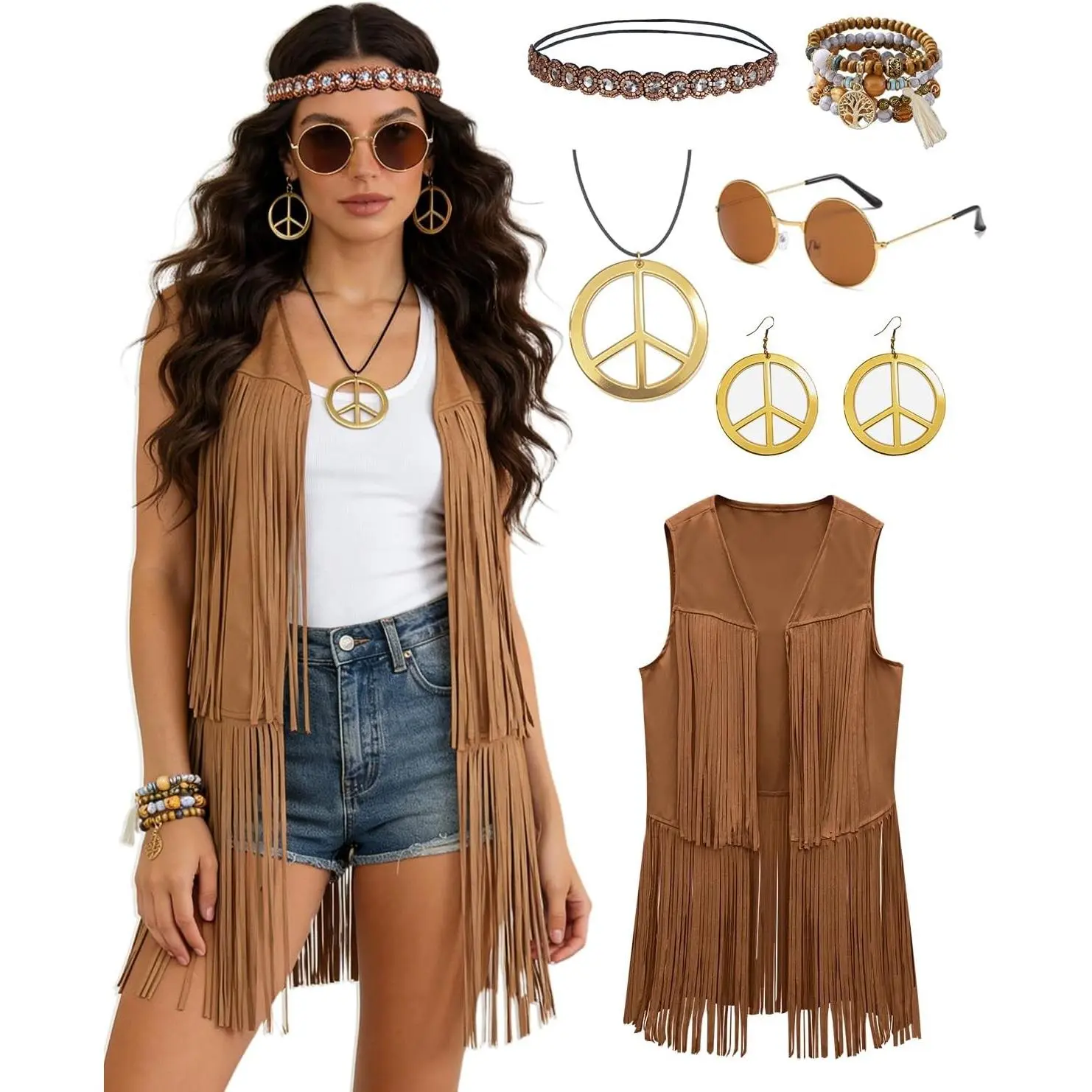 60s 70s Hippie Costume for Women with Fringe Vest, Boho Headband & Hippie Accessories for Disco(Gift)