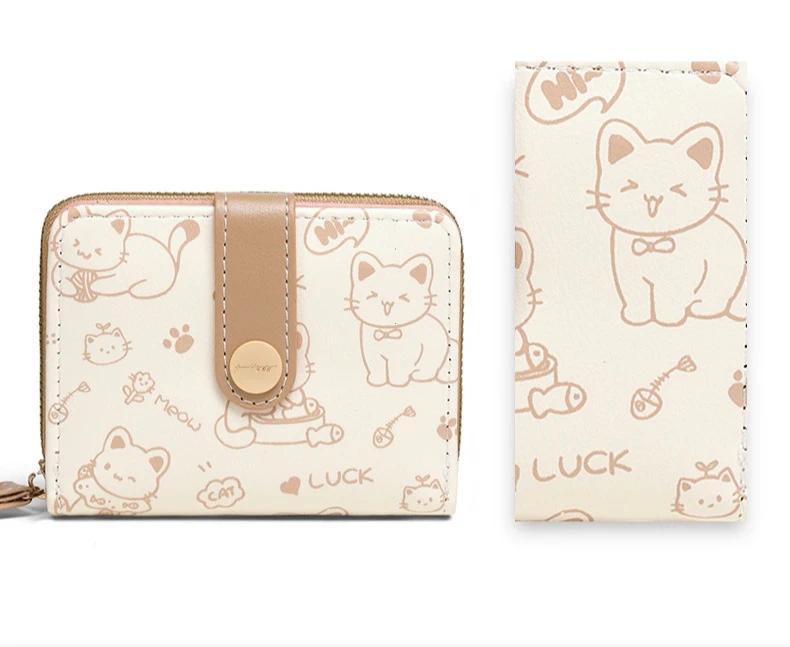 1pc Cute Cat Cartoon Coin Purse Girls Short Wallet PU Leather Large Capacity Lightweight ID Card Holder Mini Wallet Fashion