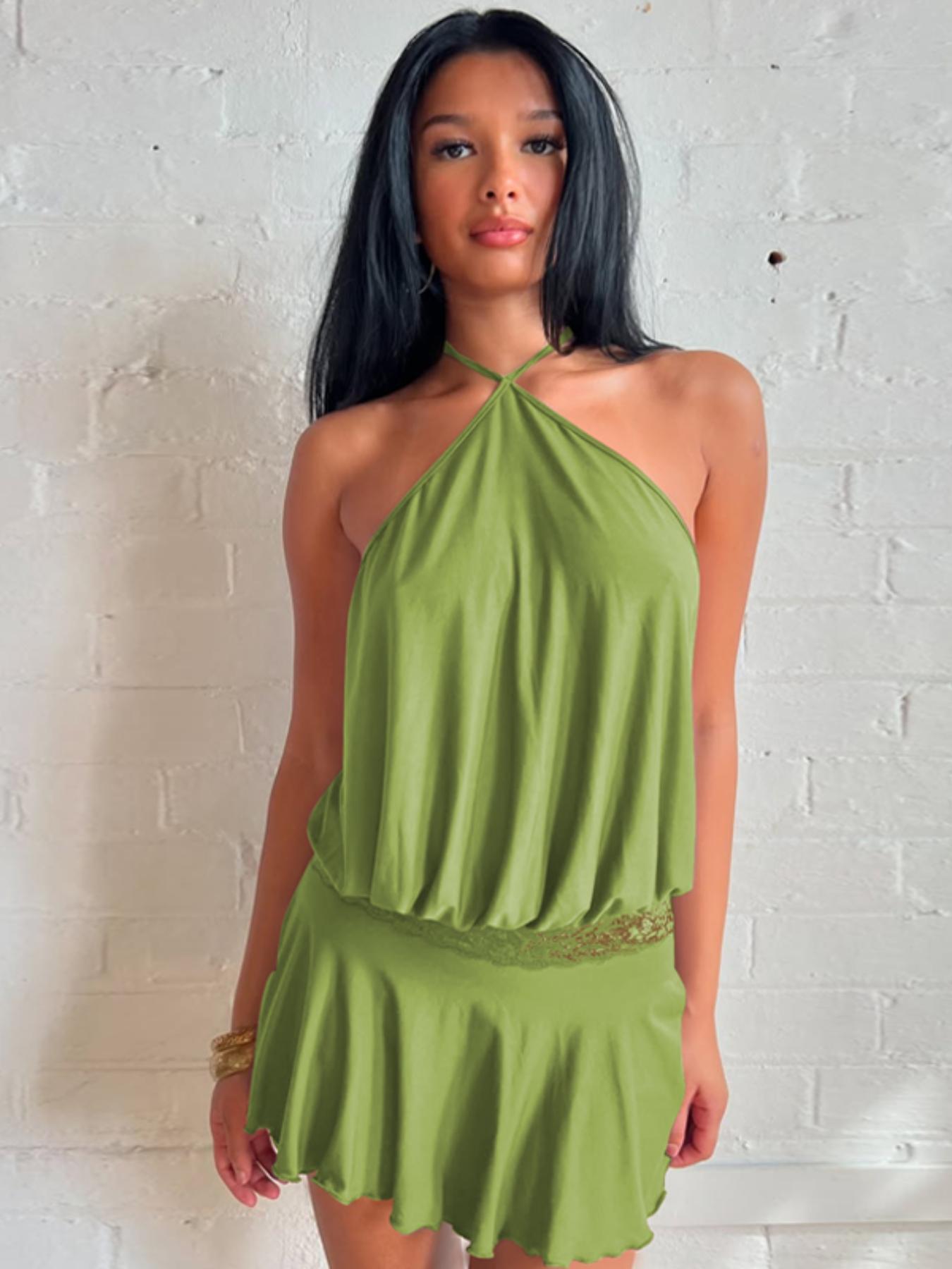 Women's Solid Color Lace Stitching Halter Neck Lace Up Sleeveless Backless Bodycon Slip Dress Plain Cut Out See Through Ruffles Hem Party Club Dating Holiday Beach Vacation Music Festival Ladies Dresses Clothing Wear Halter Strap Dress