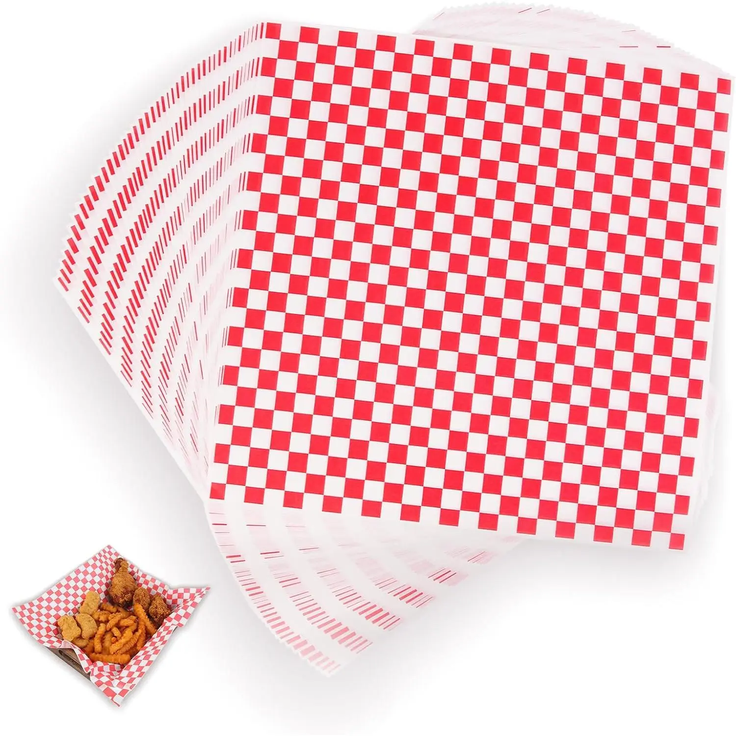 100 count Sandwich Wrapping Paper,  Resistant Wax Paper Sheets for , Extra   Basket Liners, Classic Red & White Checkered Deli Sheets 12x12" for BBQ, Picnic, Festival -