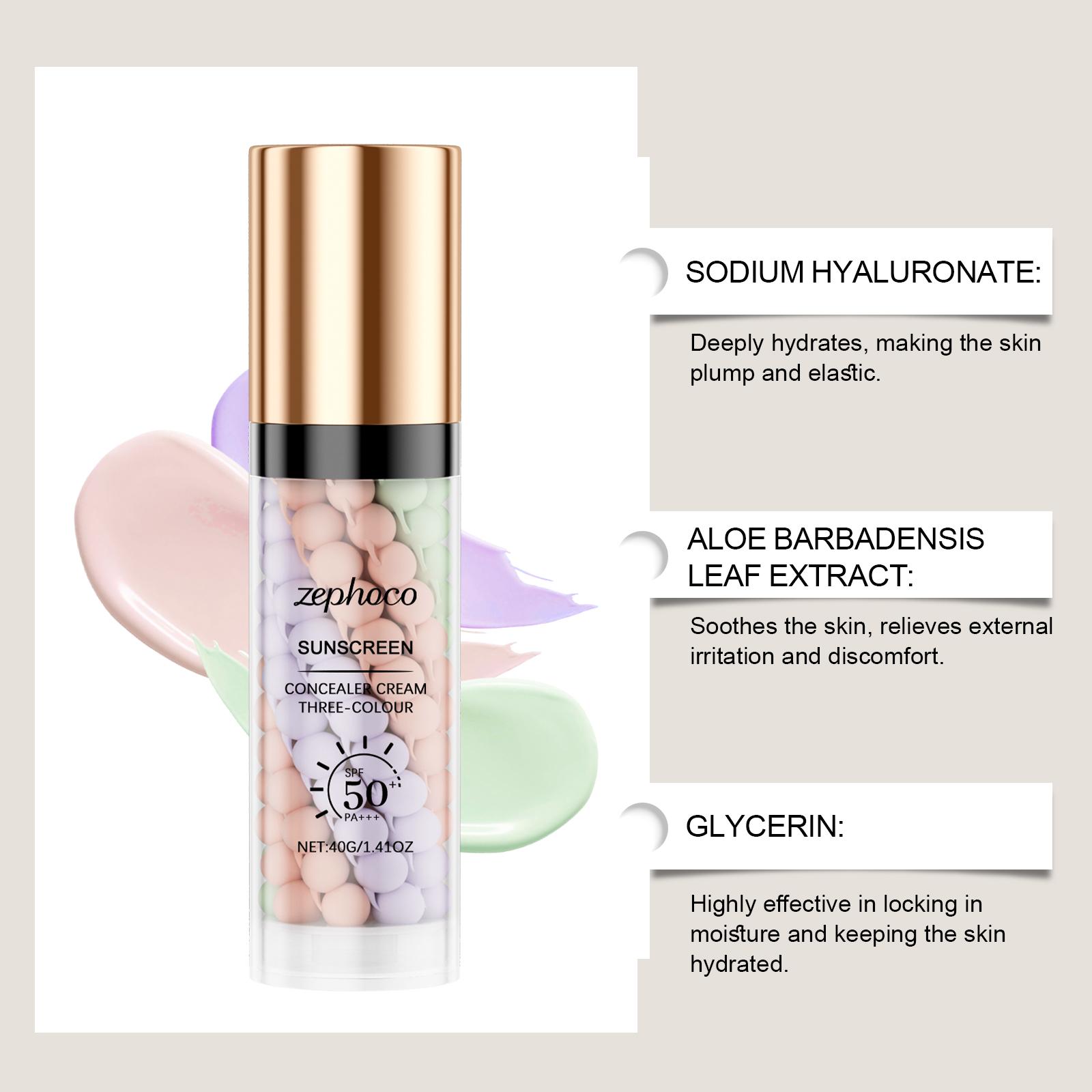 ZEPHOCO 3-Color Sunscreen, Tone-Up Brightening + Sun Protection, Aloe Soothing & Hyaluronic Acid Hydration, Lightweight Non-Greasy Fast Absorbing, Even Skin Tone for All Skin Types Correcting Primer