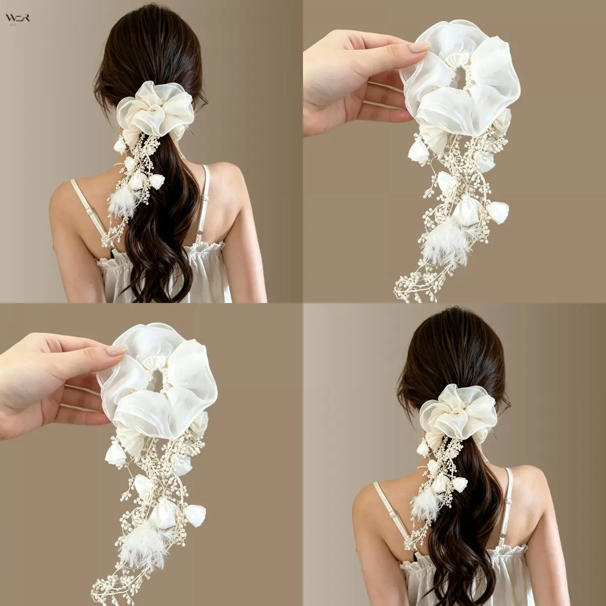 Tulle Flower Scrunchie with Long Tassel, Vintage Floral Feather Beaded Hair Tie, Elegant Mesh Bow Hair Scrunchy, Romantic Wedding Bridal Hair Accessories for Women, Beige Black 2 Colors Available