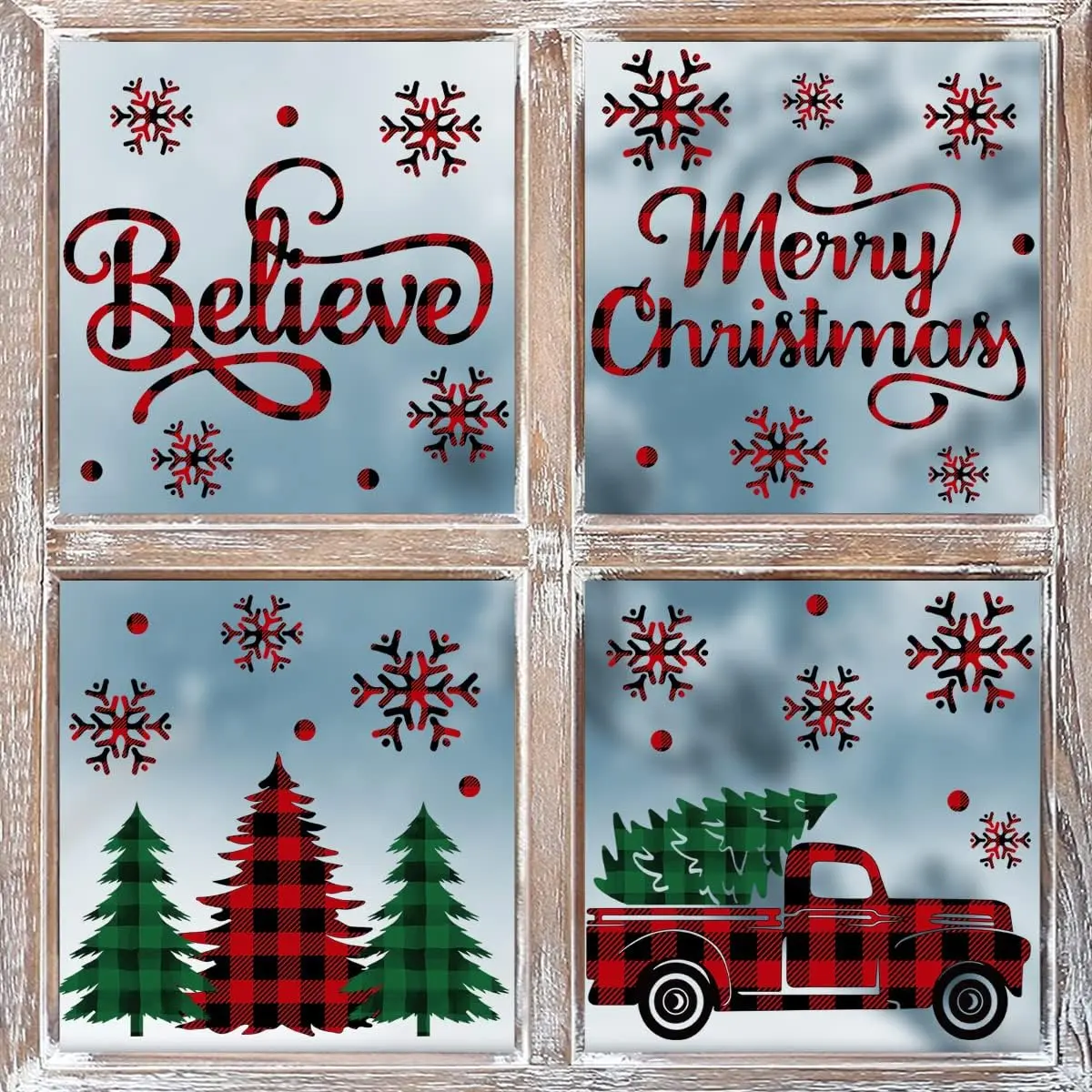 226 count Christmas Window Cling Sticker, Red Green Trees Snow  for  Party Supplies Shop Window Glass Display Decoration