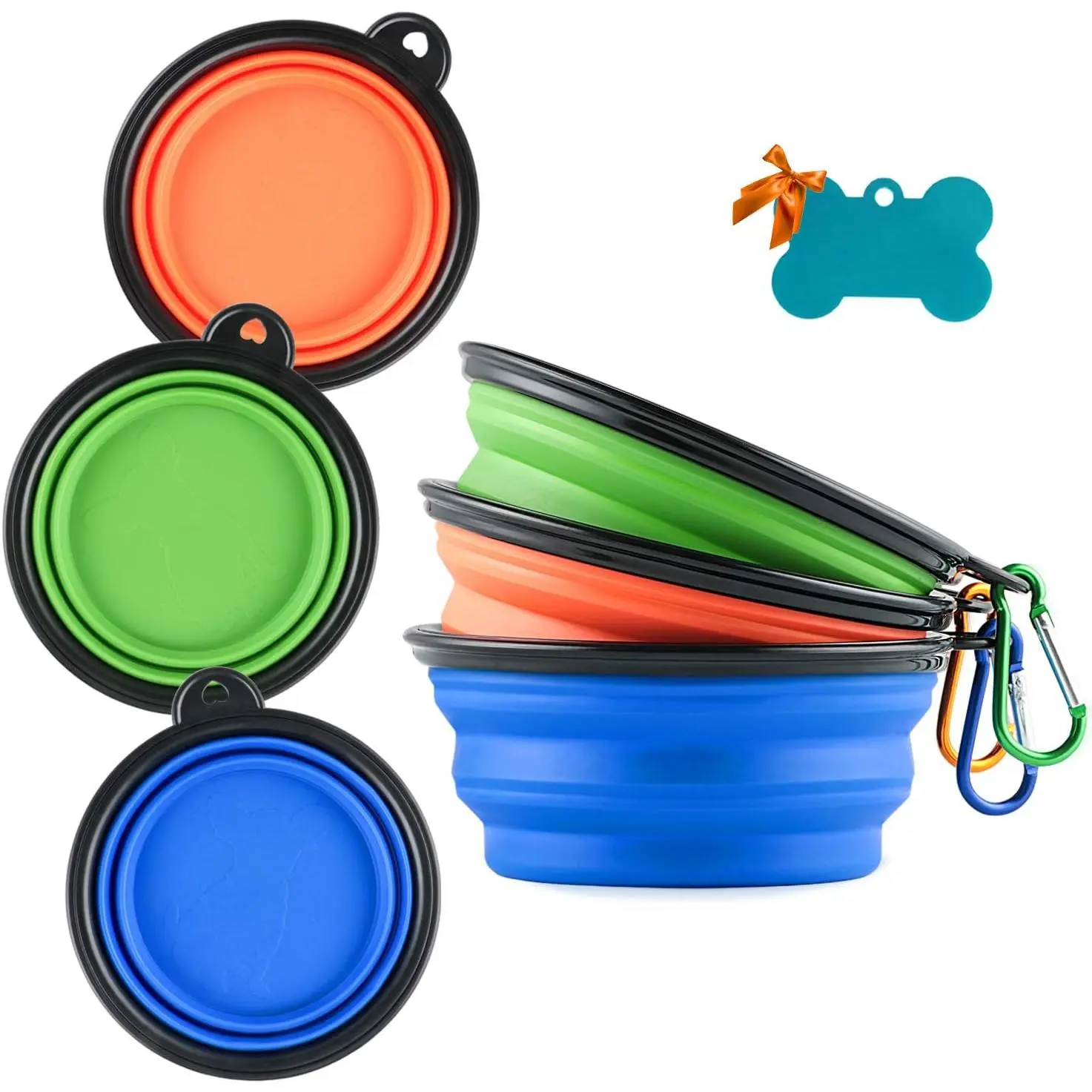 3 Collapsible   Bowl, Foldable Expandable Cup Dish for Small    Water Feeding Portable Travel Bowl,  ID-Tag