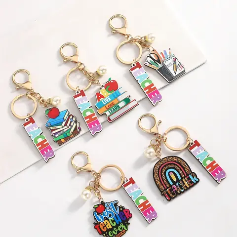 Wooden Teacher Keychain with Faux Pearl Decor, Casual Fashion Keychain, Fashion Pendant Keyring for Women and Men, Versatile Daily Accessory and Birthday Gift, Fashionable Alloy Charm
