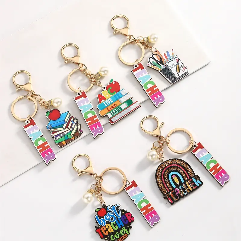 Wooden Teacher Keychain with Faux Pearl Decor, Casual Fashion Keychain, Fashion Pendant Keyring for Women and Men, Versatile Daily Accessory and Birthday Gift, Fashionable Alloy Charm