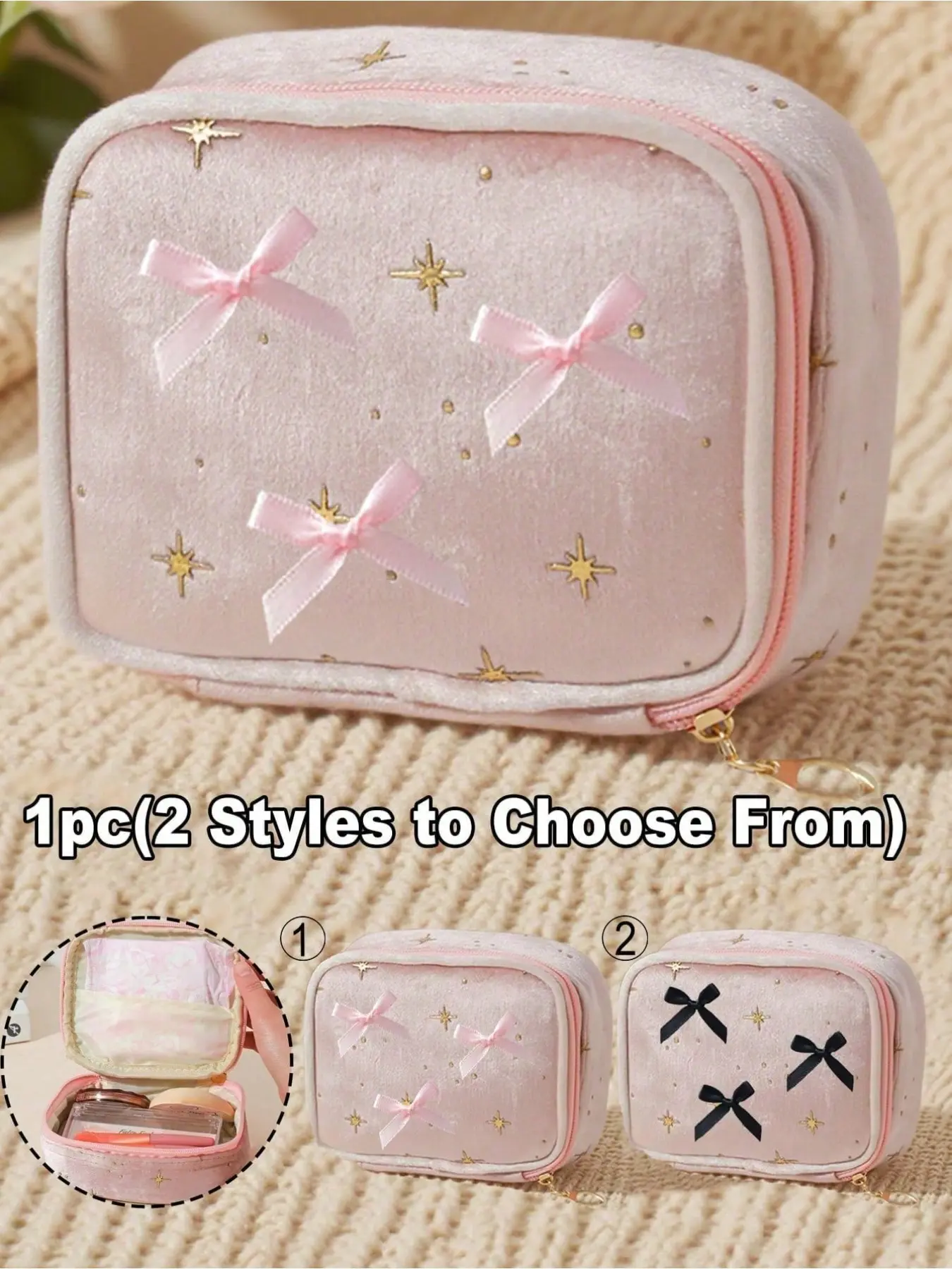 Girls' sanitary bag with golden star prints and ballet-style double-sided bows. Portable flannel pouch, also works as makeup bag for cosmetics and beauty tools.