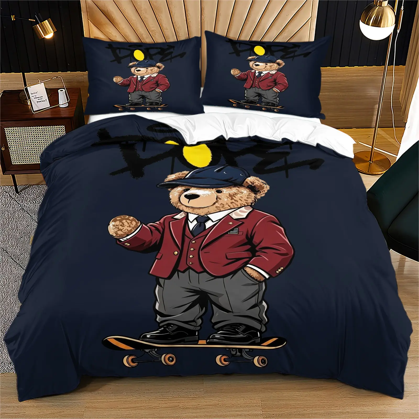 Fashionable Bear Print Soft and Durable Bedding Set, Includes 1 Duvet Cover and 1 or 2 Pillowcases, No Pillow or Quilt Insert, Perfect for Children or Adults, Modern Style Bedroom Bed Decor