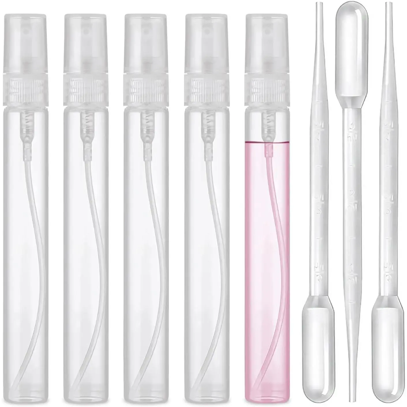 Mini  Bottle, 5 count 10ml Perfume Bottle Empty with 3 count Transfer Pipettes, Fine Mist Refillable Perfume Atomizer, Small Empty Sample Containers, Plastic Portable Travel Bottle - Clear
