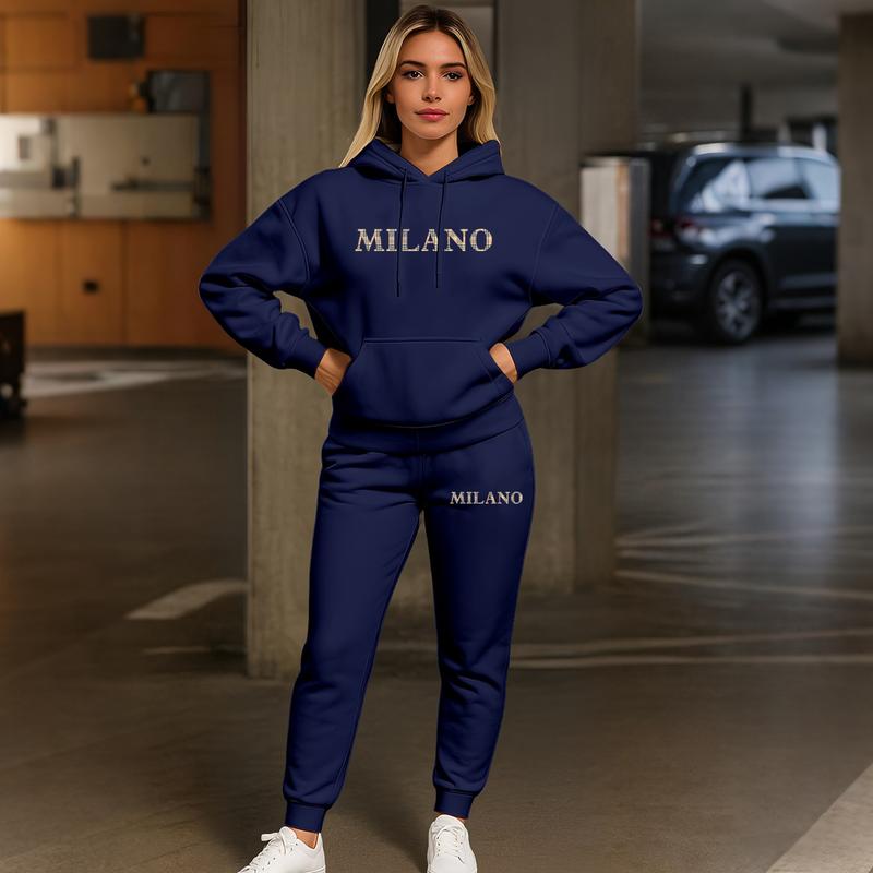 Women's MILANO Print Hoodie & Jogger Set, Long Sleeve Hooded Sweatshirt + Drawstring Pants, Fall/Winter Casual Sportswear, Comfortable Activewear for Indoor & Outdoor Women's MILANO Print Hoodie & Jogger Set, Long Sleeve Hooded Sweatshirt + Drawstring Pants, Fall/Winter Casual Sportswear, Comfortable Activewear for Indoor & Outdoor