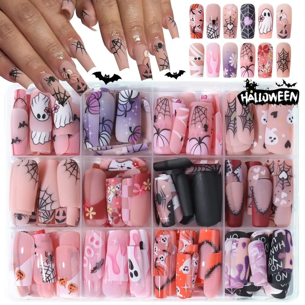 Halloween Press-On Nails Set, 280 Pieces, Medium Square, Ghost, Mummy, Blood Drop, Bat, Spider Web, Pumpkin Design, French Tip, Women & Girls
