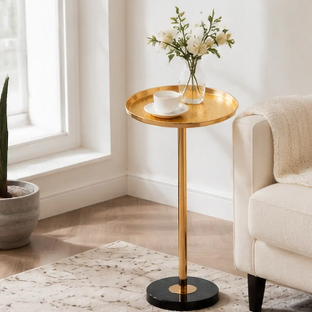 Adjustable Height Side Table - ARCH Powder Coated Gold Metal Tray Top, Natural Stone Base, Small End Table for Living Room, Office, 9.8x9.8x24.4 inches, Gold-Black, 5.00 lb, Assembly Required, Wipe Clean with Soft Dry Cloth, Single Box Product