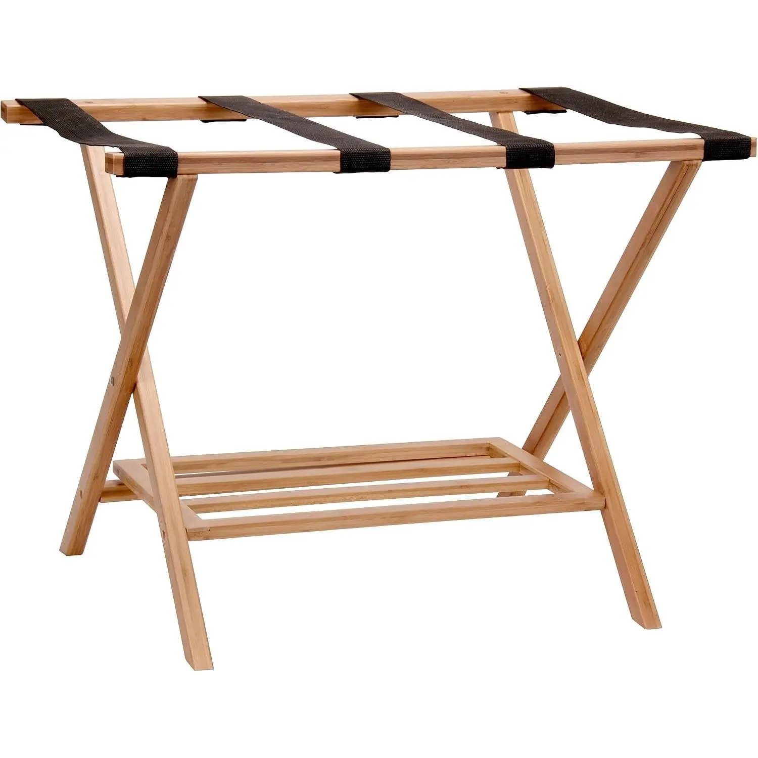 Fully Assembled Folding Luggage Rack with Lower Storage Shelf, Bamboo Frame with Black Straps
