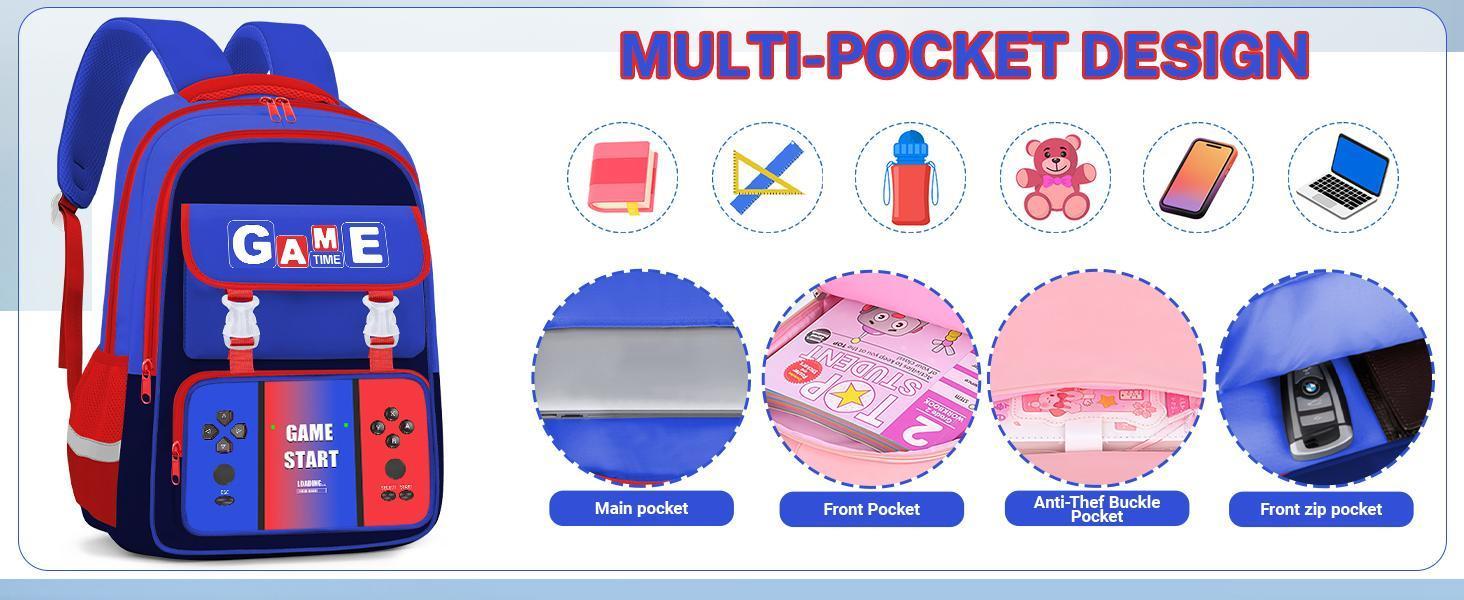 School Backpacks for Boys - 3PCS Gamer Boys Backpack with Lunch Box Set for Kids Teens, Multifunctional Bookbag for Elementary Middle School Students, 17″ Video Game Travel Bag Ages 6-18