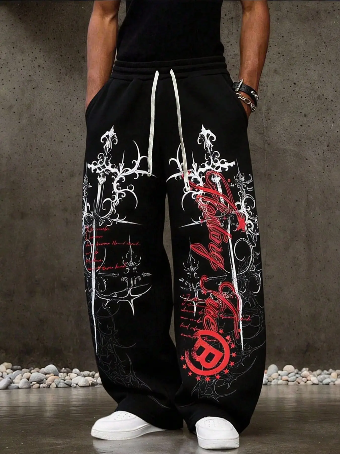Men's Y2K Dark Style Wide Leg Sweatpants, Gothic Sword Scroll Print, Loose Drawstring Street Running Pants, Daily Streetwear