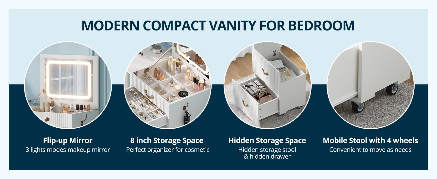 FURSUN 3-in-1 Vanity with Flip Mirror & Lights, Fluted Compact Vanity Table with 3 Drawers, Storage Compartment and Rolling Stool, Modern Small Makeup Vanity for Bedroom, Powder Room, Solid White