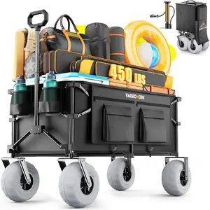 Beach Wagon with Big Balloon Wheels for Sand, 240L Collapsible Wagon, 9x4 Wide Wheels, 450lbs Heavy Duty Beach Cart with Side Covers & Zipper Pockets, 600D Oxford Fabric, Black