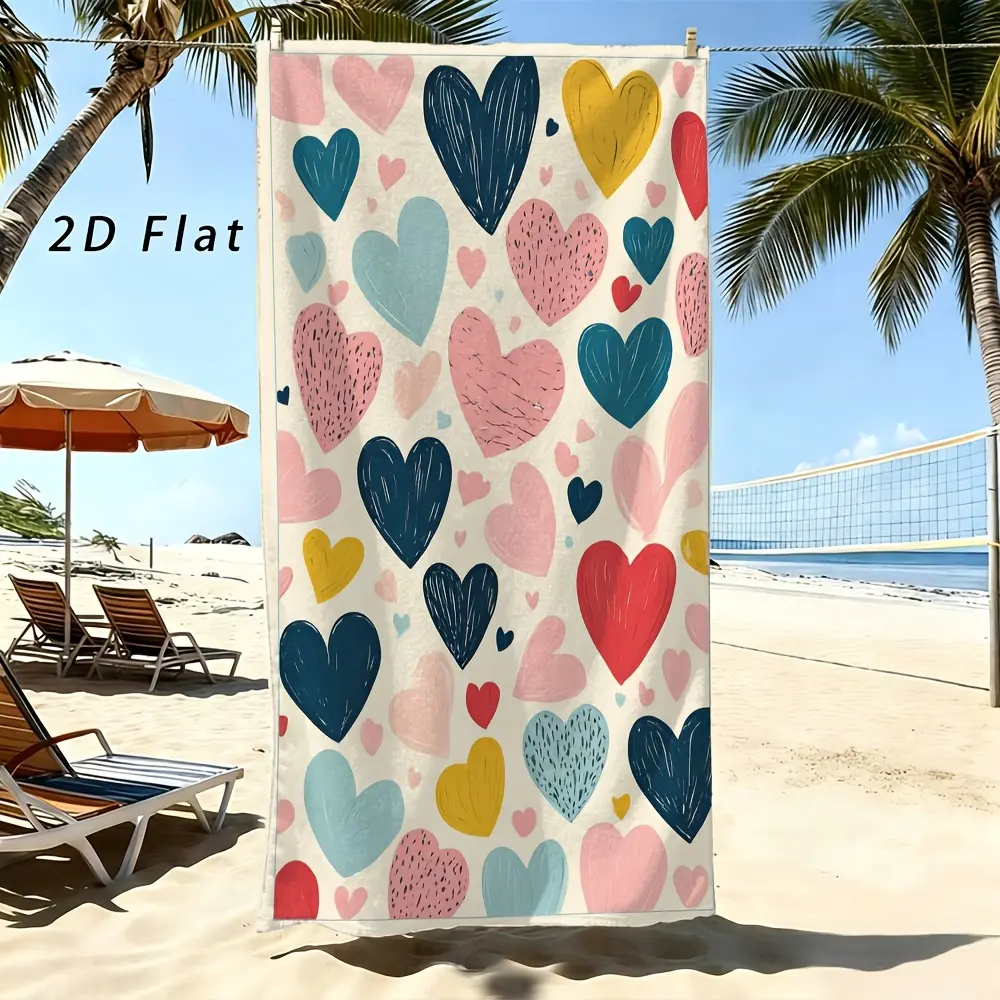 1pc beach towel, Playful Multicolor Heart Pattern Print on Cream Background, Soft QuickDry Microfiber SandFree Towel for Pool, Beach and Romantic Gatherings, Ideal Sweet Gift for Friends, Family and Loved Ones
