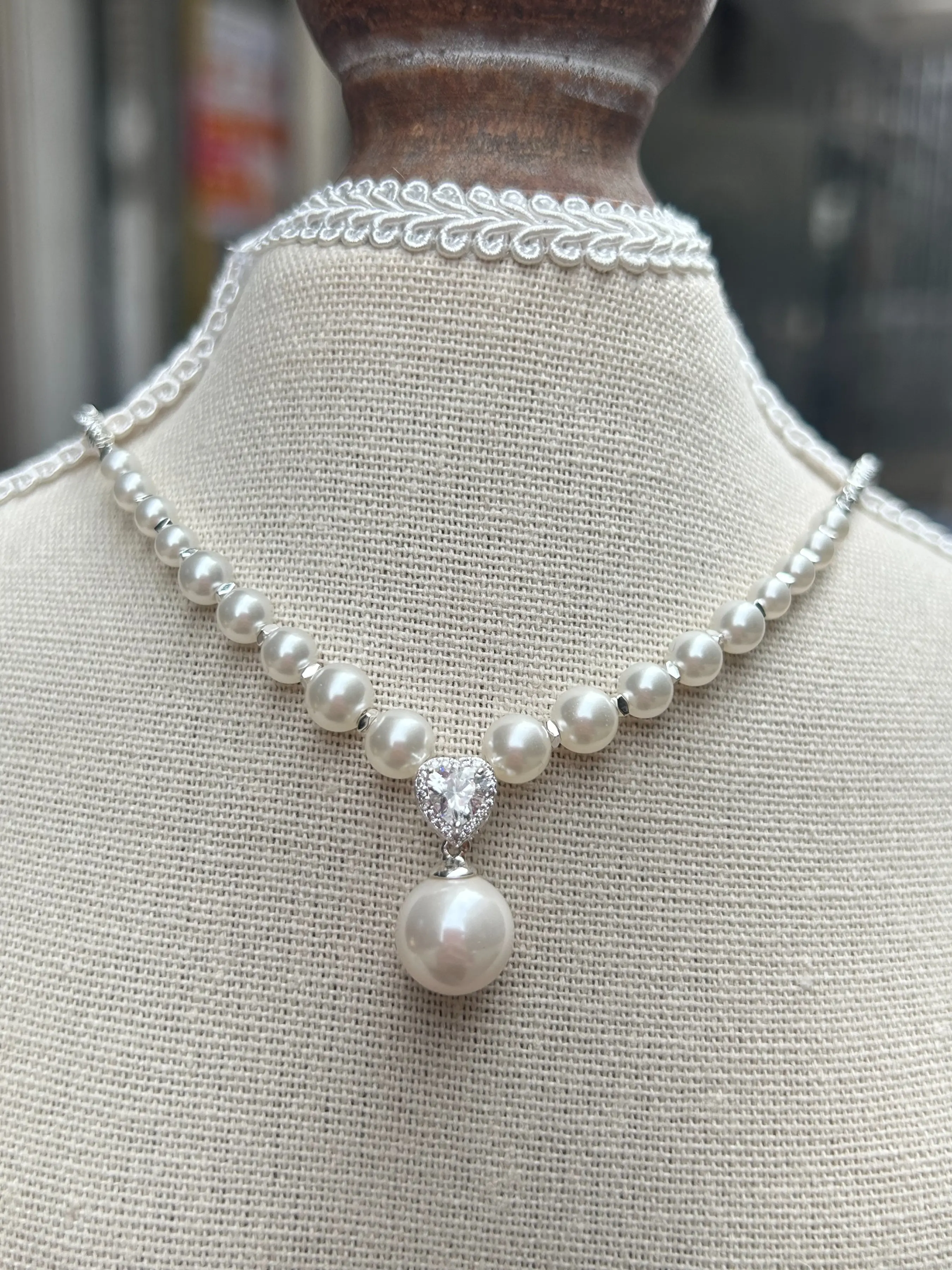 Dainty Simulated Pearl Necklace with CZ Heart Pendant, Copper 14K Gold Plated