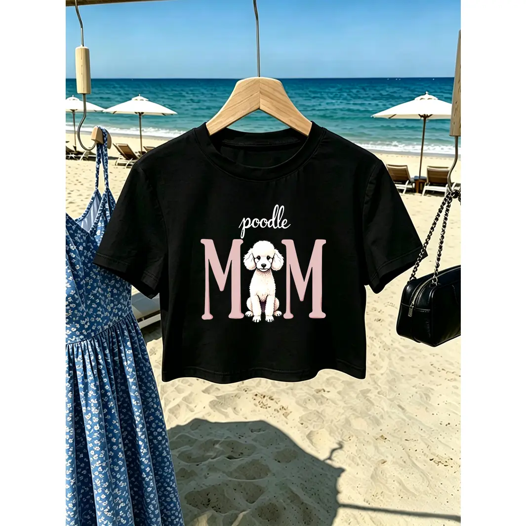 Women's Round Neck Soft Cotton Poodle Mom Graphic White Crop Top T-Shirt - Short Sleeve, Casual Summer Beach Outfit, Comfy Daily Wear for Dog Lovers